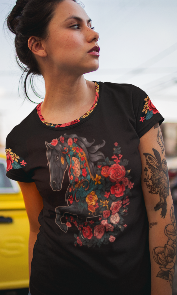 Cool woman in Chinese Horse Art 4 tattoo look with sleeve and collar detail