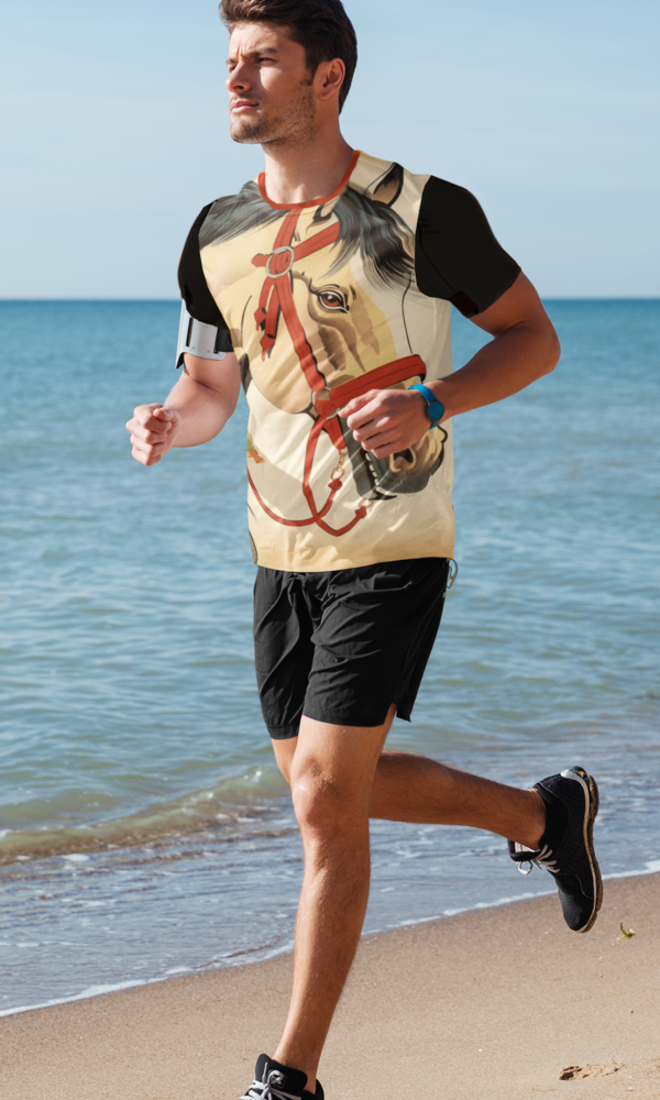 Man running on the beach wearing a jersey with an all over print of chinese horse art with black sleeves and red collar.